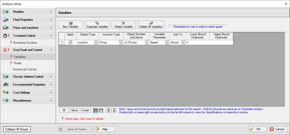 The Variables tab of the Goal Seek and Control Manager window with one variable defined.